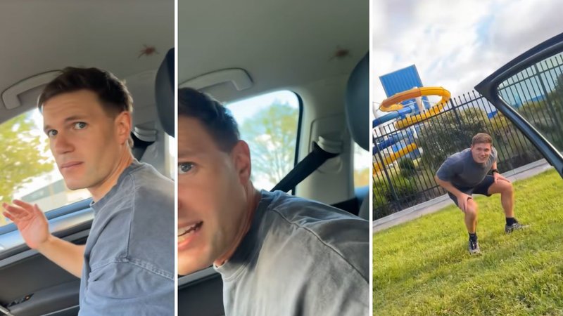 Three screenshots of Nick Grantham’s viral video, showing his friend Stu driving and looking worried, as well as a spider on the car’s ceiling behind his head.