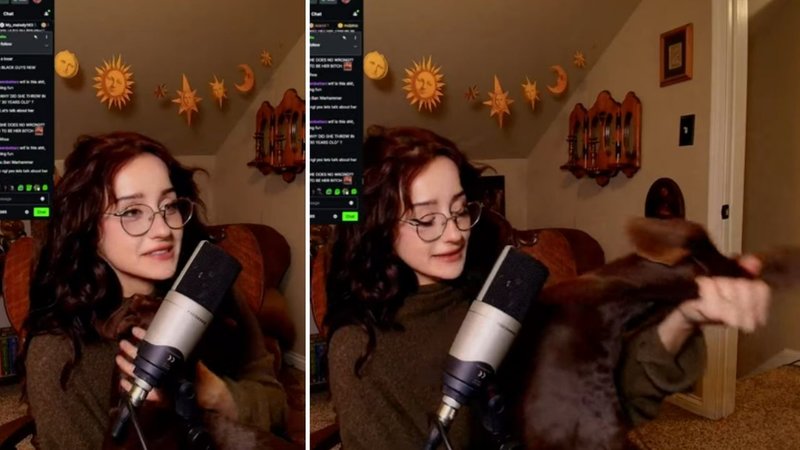 Two screenshots of a viral Kick livestream clip, showing FoidElf grabbing her dog by the scruff and pulling it off her lap.