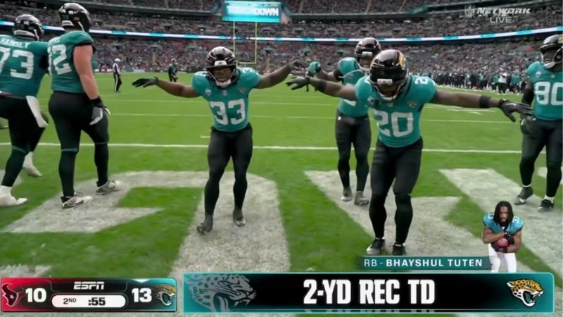 A screenshot of Bhayshul Tuten and his teammates doing the "Tip Toein’ In My Jordans" dance from a viral clip.