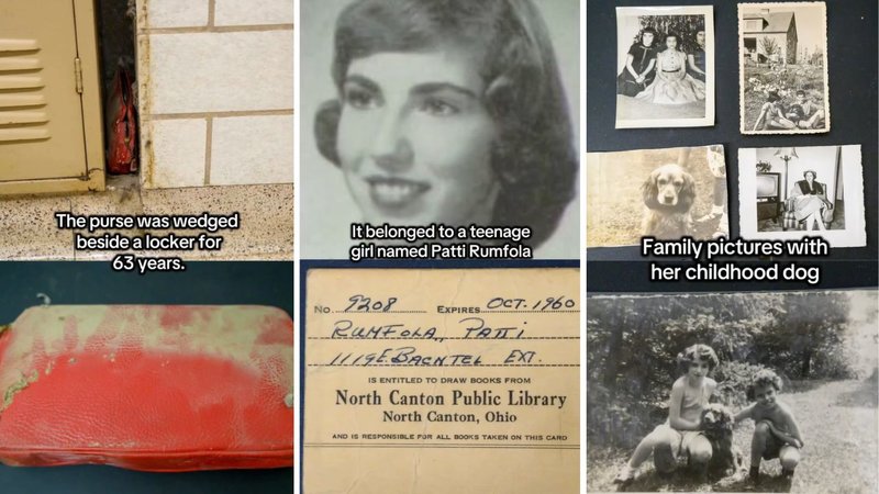Three screenshots from History by Mae’s viral video, showing an old purse and its contents.