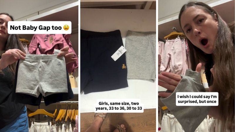 Three screenshots of Momvestigations’ viral video, showing a pair of girls’ toddler shorts compared to a pair of boys’ toddler shorts.