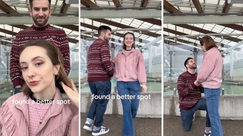 Three screenshots from The Sick Show’s viral video, showing her boyfriend proposing to her.