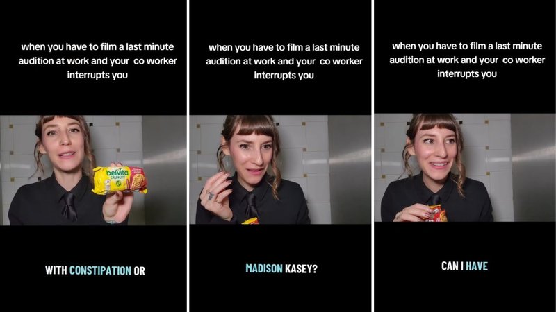 Three screenshots from Kasey Elliot’s viral video, showing her in a bathroom stall, holding a pack of Belvita cookies.