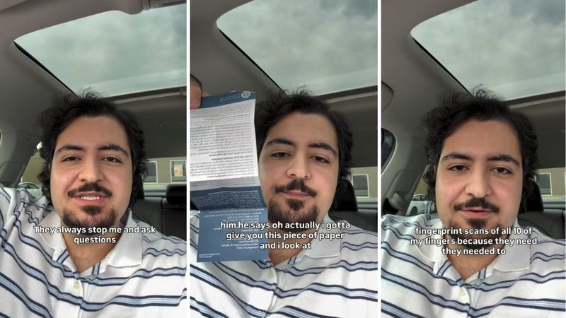 Three screenshots from Farzan Yaz’s viral video, showing him sitting in his car and speaking to the camera.