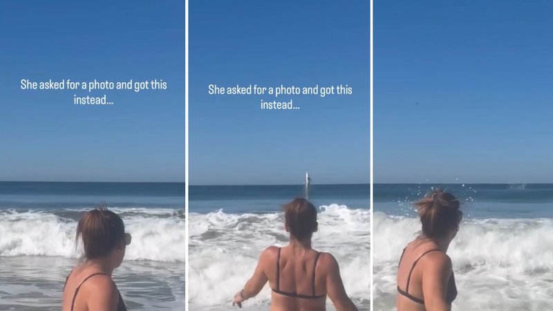Three screenshots from Surfline’s viral video, showing a woman on a beach and a shark breaching in the background.
