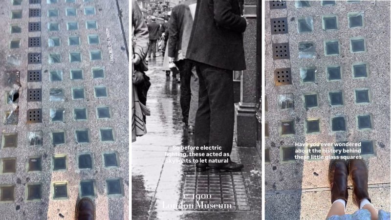 Three screenshots from Anya Through Time’s viral video, showing rows of little glass squares on a London sidewalk, as well as an old Victorian photo of them.