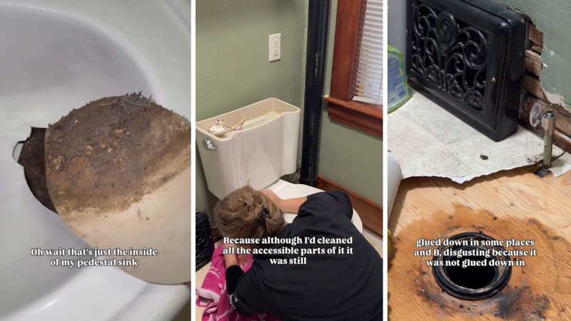 Three screenshots from Ashton Bought a House’s viral video, showing her taking apart her sink, toilet and flooring.