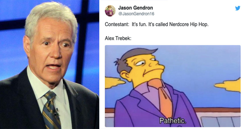 A collection of tweets in response to Alex Trebek calling nerdcore hip hop something only losers would enjoy to a contestant 