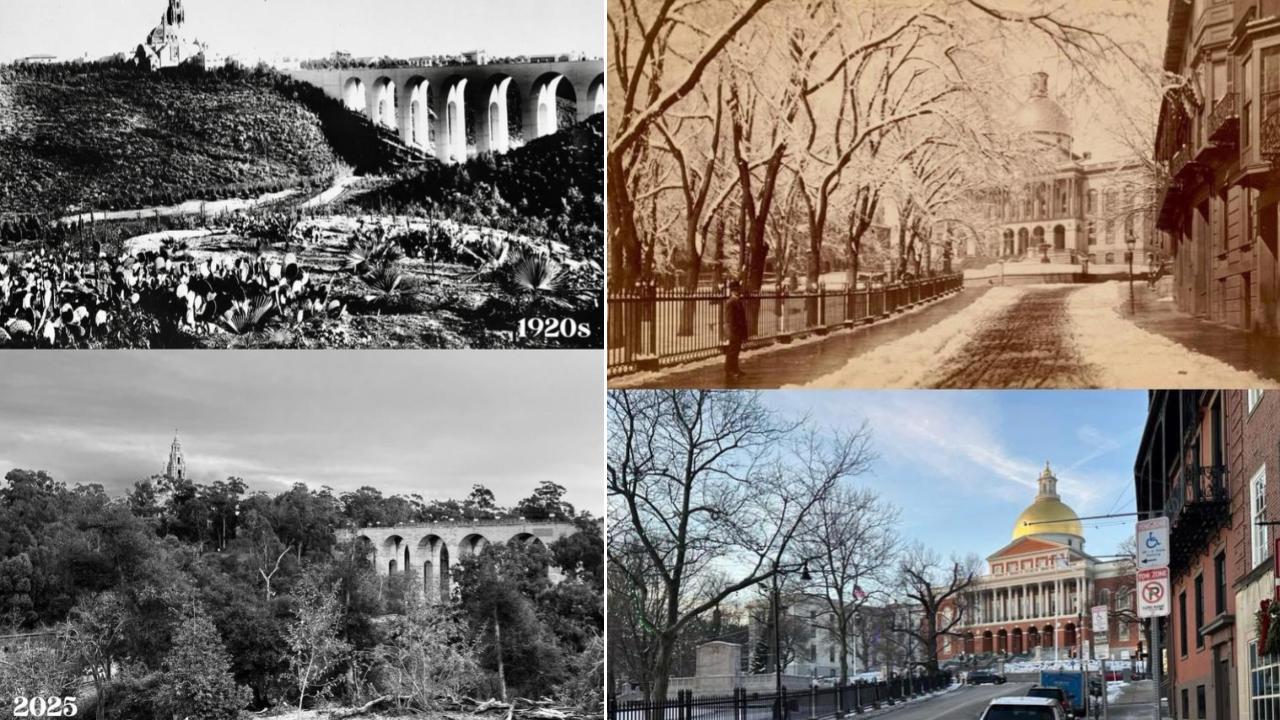 Two images of cities in the past and present.