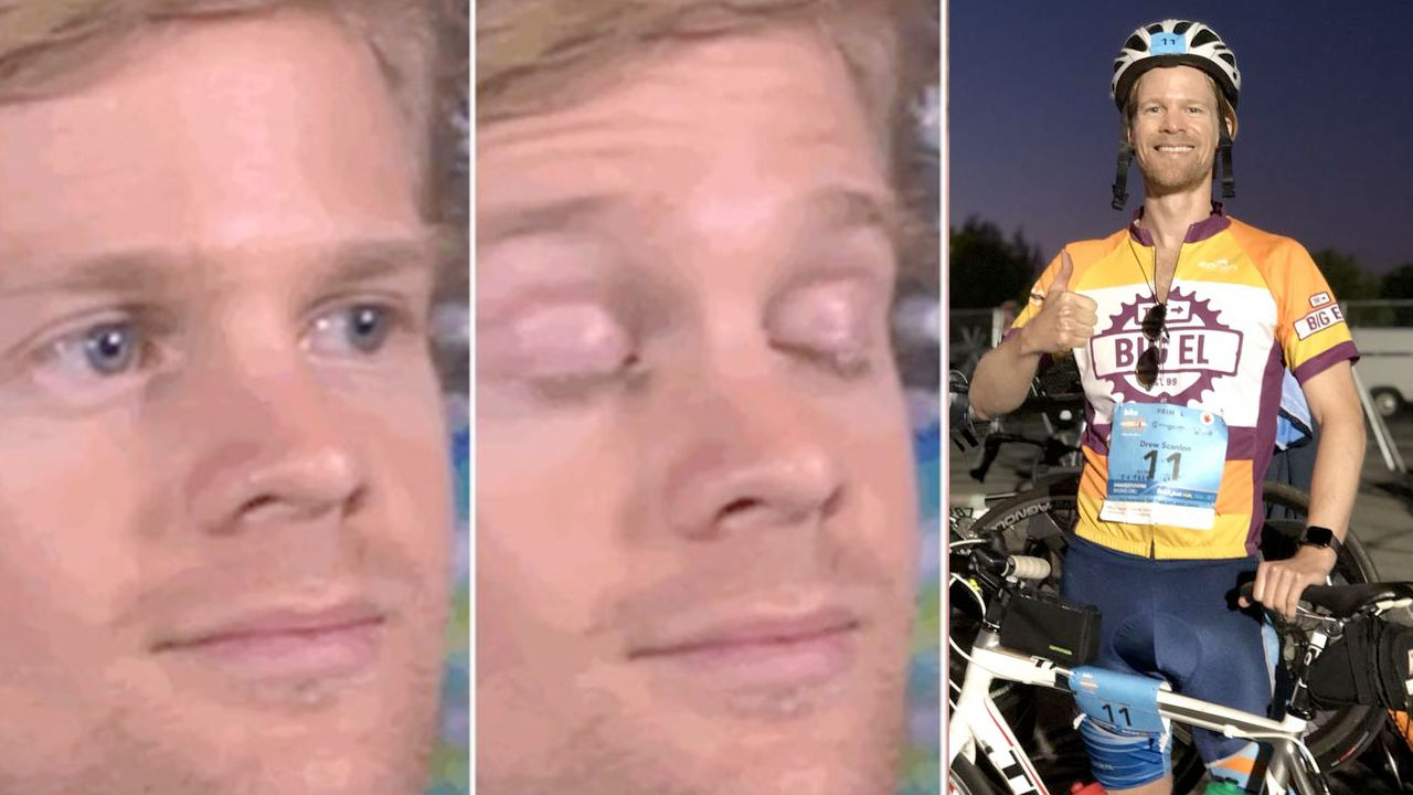 Where Are They Now depicting the Blinking White Guy meme and a recent image of Drew Scanlon.