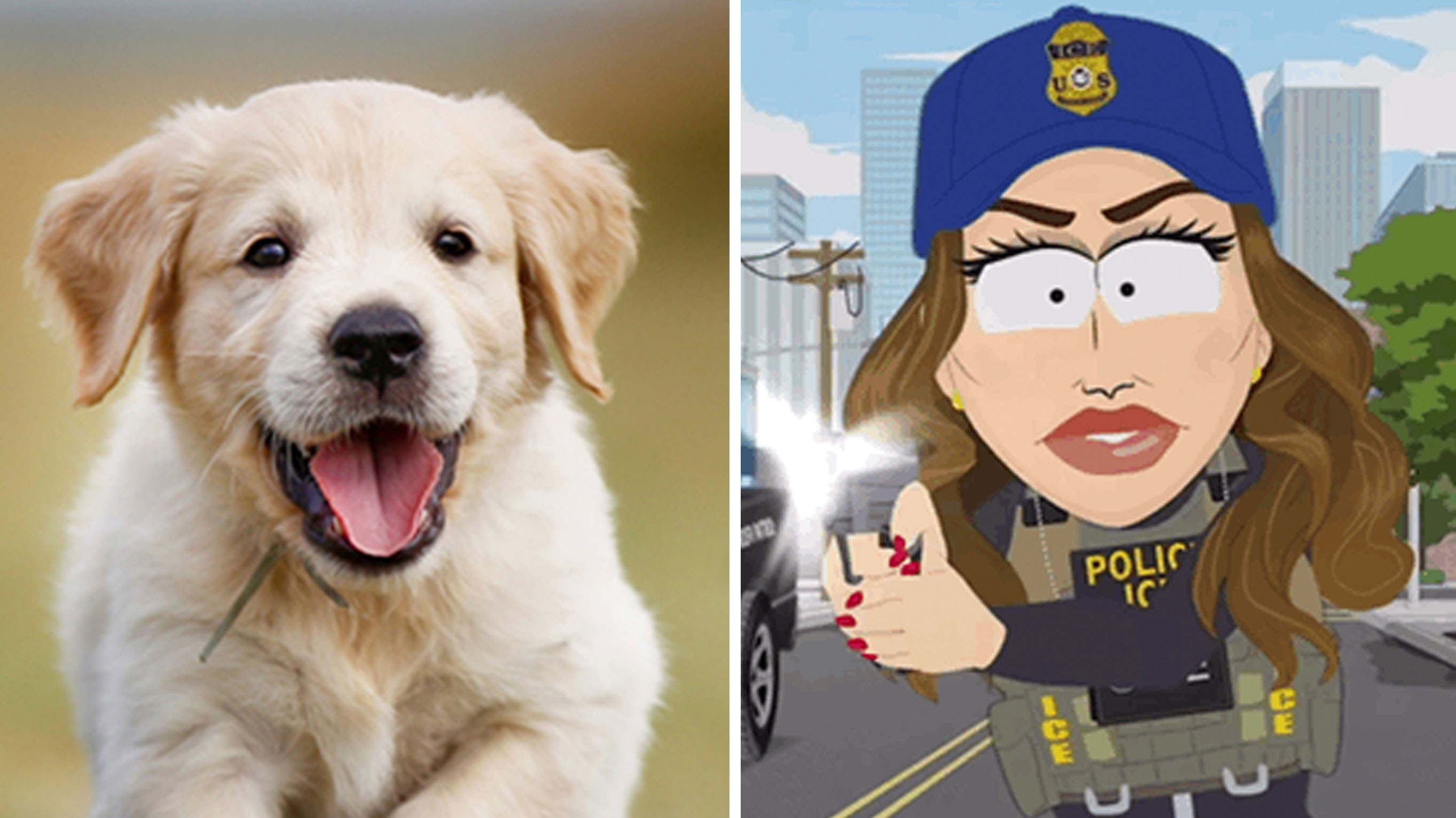 Kristi Noem's South Park portrayl and a puppy.