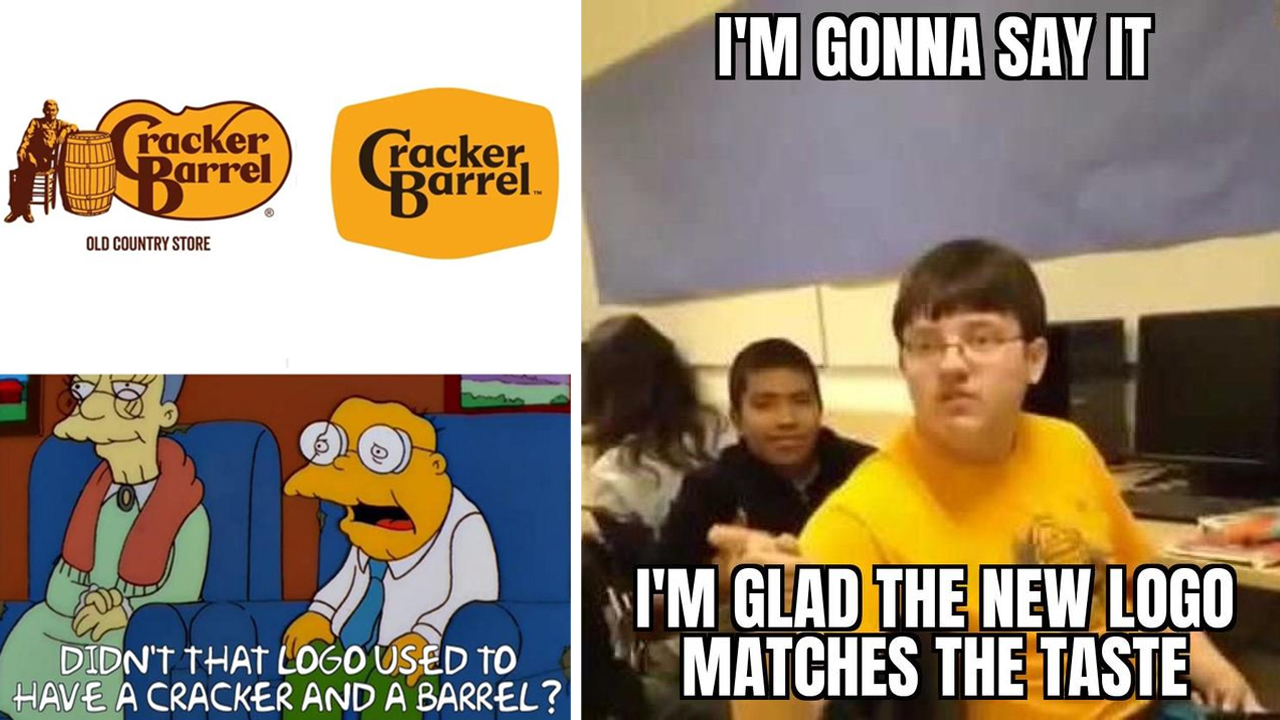 Two memes about the Cracker Barrel New Logo Change and rebrand.