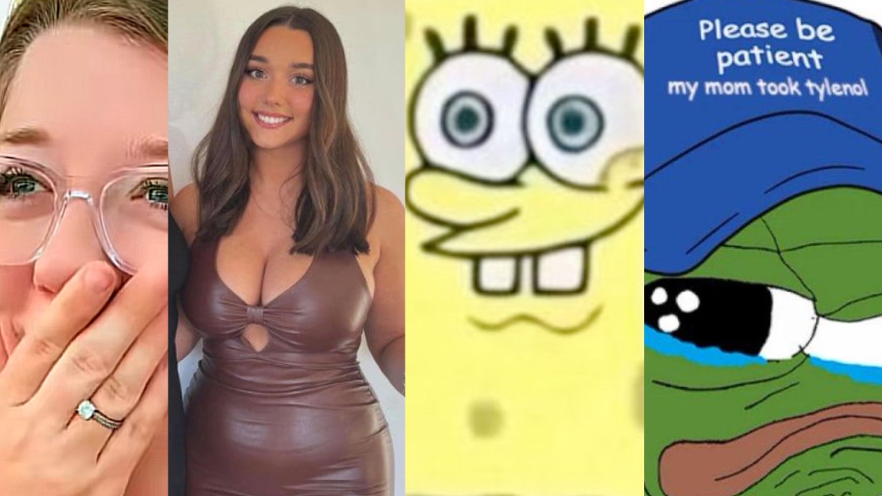 Weekly Meme Roundup depicting an image of a woman with her hand over her mouth, an image of Zoe Kalotheos in a dress, an image of SpongeBob SquarePants and an image of a Pepe wearing a hat that reads "please be patient my mom took tylenol."
