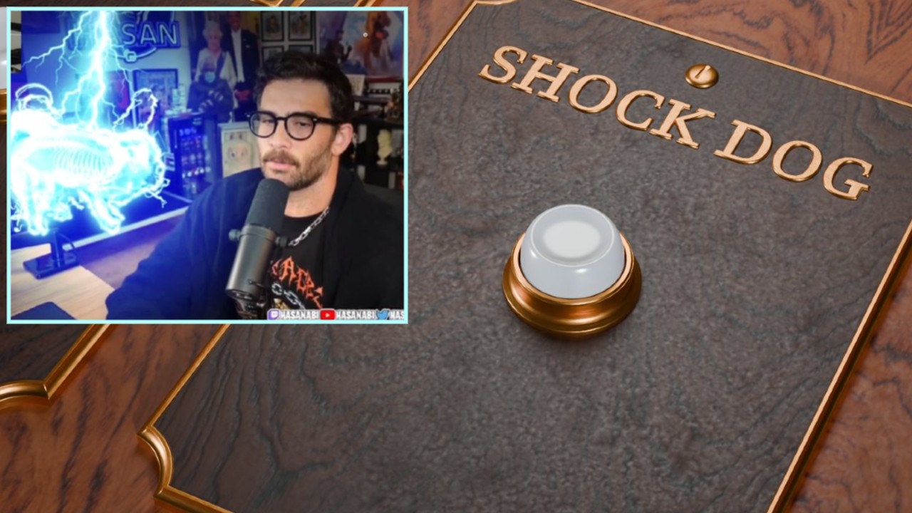 a meme about Hasan Piker shocking his dog with a "shock dog" button