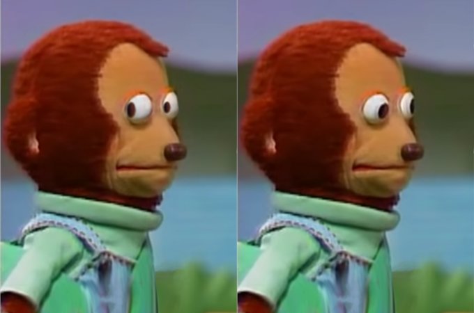 A two-panels image showing a puppet monkey, looking awkwardly to the side, as if he had a guilty conscience.