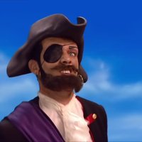 Robbie Rotten as a pirate wearing an eye patch and a fake beard