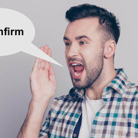 +1 Man with a speech bubble that says +1 Confirm