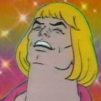 He-Man with his yellow bob cut throwing his head back in laughter in front of a sprakly rainbow background