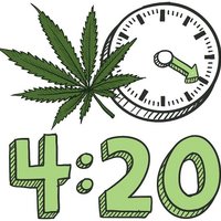 420 illustration of a cannabis leaf and a clock showing the hour 4:20
