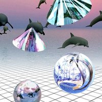 3D dolphins swimming between holographic spheres and pyramids on a grid