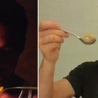 Ryan Gosling Won't Eat His Cereal Ryan Gosling looking at a spoon of cereal held to the TV screen.