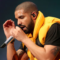Drake Drake in a puffy yellow vest singing into a mic