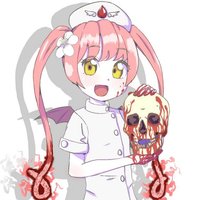 anime girl with pink pigtails dressed in a nurse uniform and holding a bloody skull