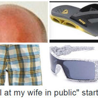 Starter Packs | The 'I yell at my wife in public' starter pack - Bald head, yellow and black designer flip-slops, plaid shorts and some cheesy knock-off sunglasses 