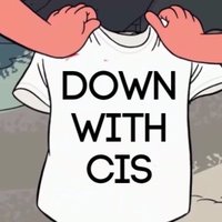 Rose Quartz from Steven Universe wearing a "down with cis" shirt