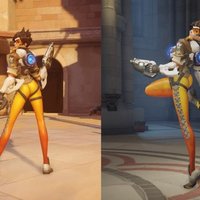 Overwatch's character Tracer in her beta version victory pose and the final version