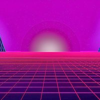 neon pink grid landscape sunset between mountains