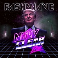 Fashwave / Tradwave Donald Trump in neon pink in front of a grid and space background and glowing letters that spell FASHWAVE NEW CLEAR