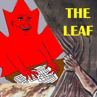 Hand pushing aside a curtain to reveal a red maple leaf with a human face captioned THE LEAF typing on a keyboard