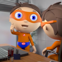 Proto 3D cartoon character dressed like a superhero