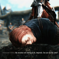 Skyrim character stormcloak soldier about to be decapitated