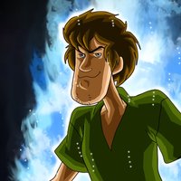 Ultra Instinct Shaggy Shaggy from Scooby Doo glowing with blue energy