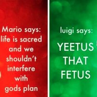 Mario Bros. Views / Mario Says Mario says: life is sacred and we shouldn't interfere with luigi says: YEETUS THAT FETUS