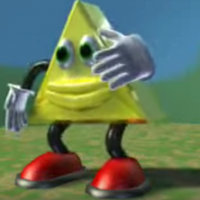 3D computer animated yellow triangle with a cartoonish face wearing white gloves and red shoes performing dance moves