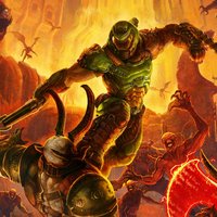 Doom Eternal Doom Eternal video game poster Doomguy with a glowing sword standing on a pile of bodies