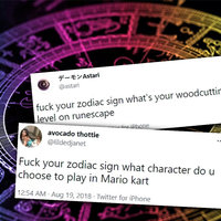 Fuck Your Zodiac Sign Fuck Your Zodiac Sign tweet examples overlaid on a zodiac sign illustration.