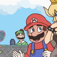 cartoon illustration of Luigi and Princess Peach playing tennis while Mario and a female Bowser walk by
