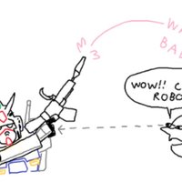 Wow Cool Robot Illustration of a person looking at a gundam and thinking "wow!! cool robot!!!" while ignoring the anti war subtext of the series