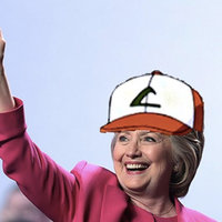 Pokémon GO to the Polls Hillary Clinton in Ash Ketchum's hat holding up a Pokeball