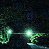 Roko's Basilisk Reptilian creature with glowing eyes surrounded by metatron cubes