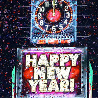 HAPPY NEW YEAR sign under a clock showing it is midnight