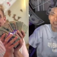 Jake Paul and RiceGum Gambling Controversy Jake Paul holding money stacks and RiceGum with floating money bill superimposed over him