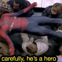 Carefully He's a Hero People lifting unconscious unmasked Spider Man | "carefully, he's a hero"