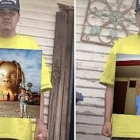 guy in over sized yellow shirt and different album covers
