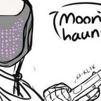 astronaut cocking gun and speech bubble that reads moon's haunted