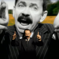 Scatman John pointing in front of a bigger Scatman John